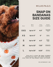 Milas Paws snap on bandanas size guide with a dog wearing a bandana and text details.