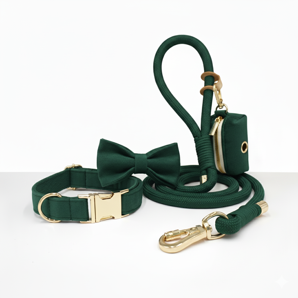 Green dog collar, bow tie, and leash set with gold hardware on a white background